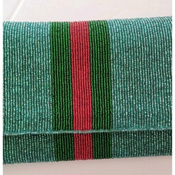 Seed Bead Clutch Bag Blue Red Green Gold Chain Detachable Strap Snap Close - Picture 2 of 10